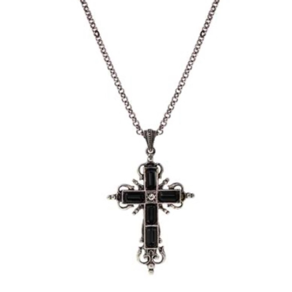 NWT Silver-Tone Black Crystal Cross Necklace - Black